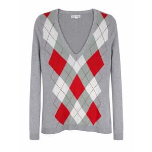 NY&Co Argyle Sweater Womens Medium Gray Red V Neck Preppy Y2K Office Siren Soft